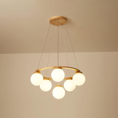 Aelion Chandelier Wood Ring Opal Glass Globes