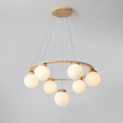 Aelion Chandelier Wood Ring Opal Glass Globes