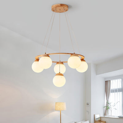 Aelion Chandelier Wood Ring Opal Glass Globes