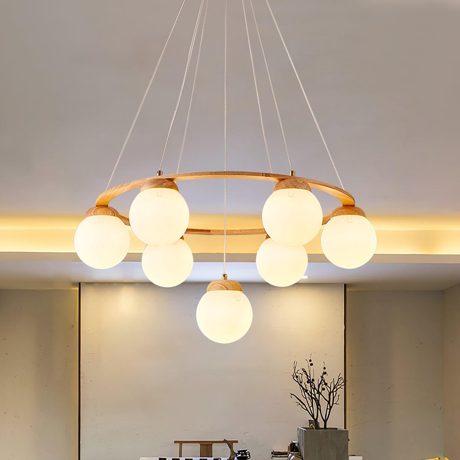 Aelion Chandelier Wood Ring Opal Glass Globes