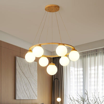 Aelion Chandelier Wood Ring Opal Glass Globes