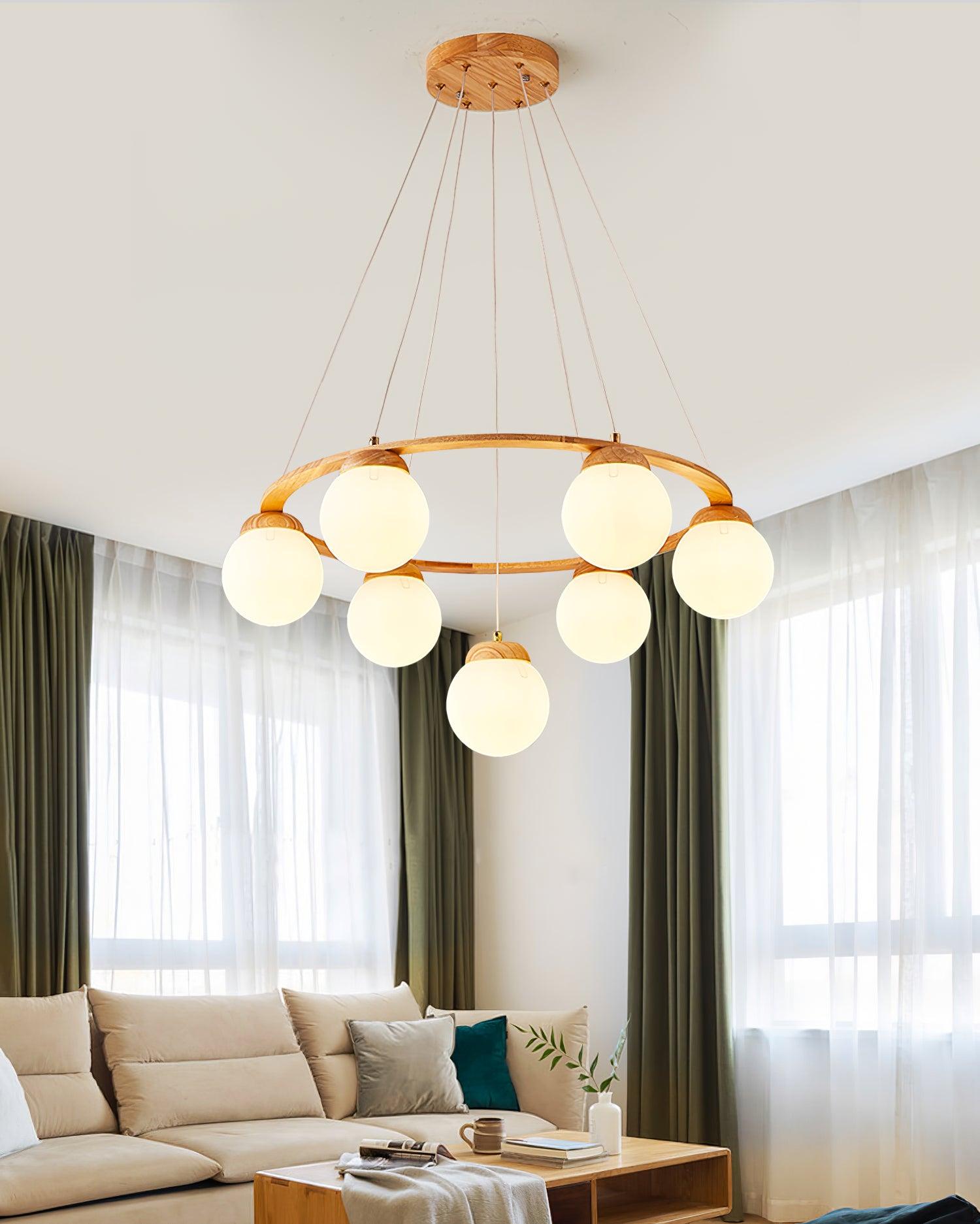 Aelion Chandelier Wood Ring Opal Glass Globes