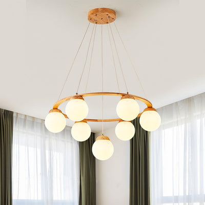 Aelion Chandelier Wood Ring Opal Glass Globes