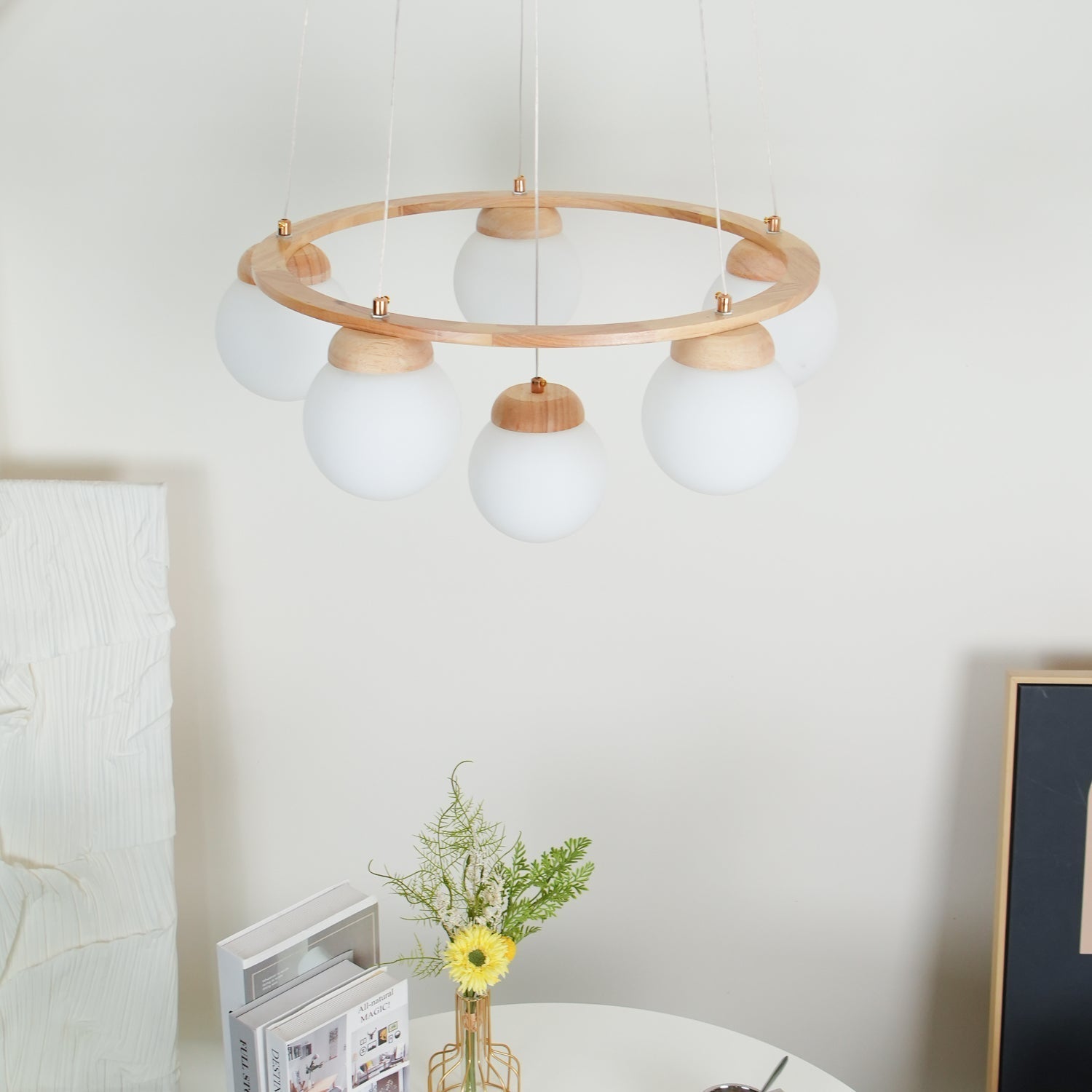 Aelion Chandelier Wood Ring Opal Glass Globes