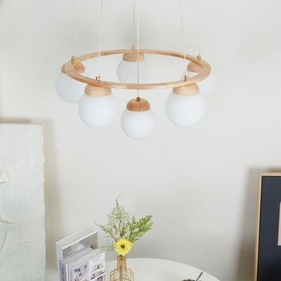 Aelion Chandelier Wood Ring Opal Glass Globes