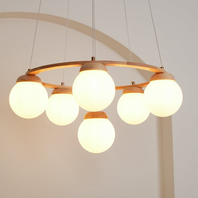 Aelion Chandelier Wood Ring Opal Glass Globes