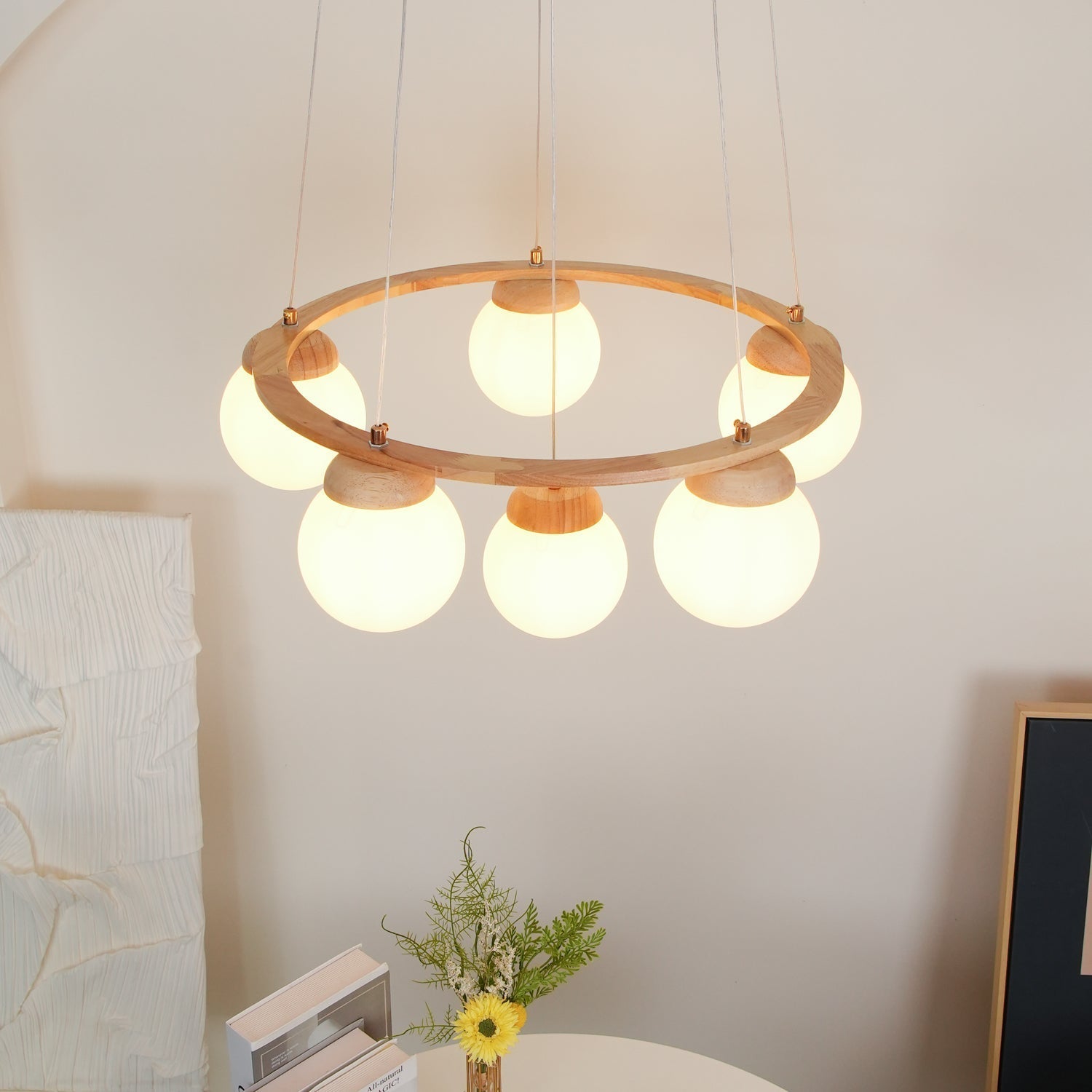 Aelion Chandelier Wood Ring Opal Glass Globes