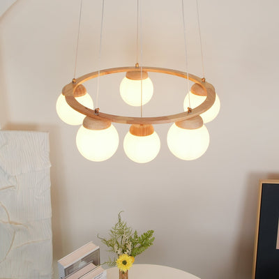 Aelion Chandelier Wood Ring Opal Glass Globes
