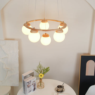 Aelion Chandelier Wood Ring Opal Glass Globes