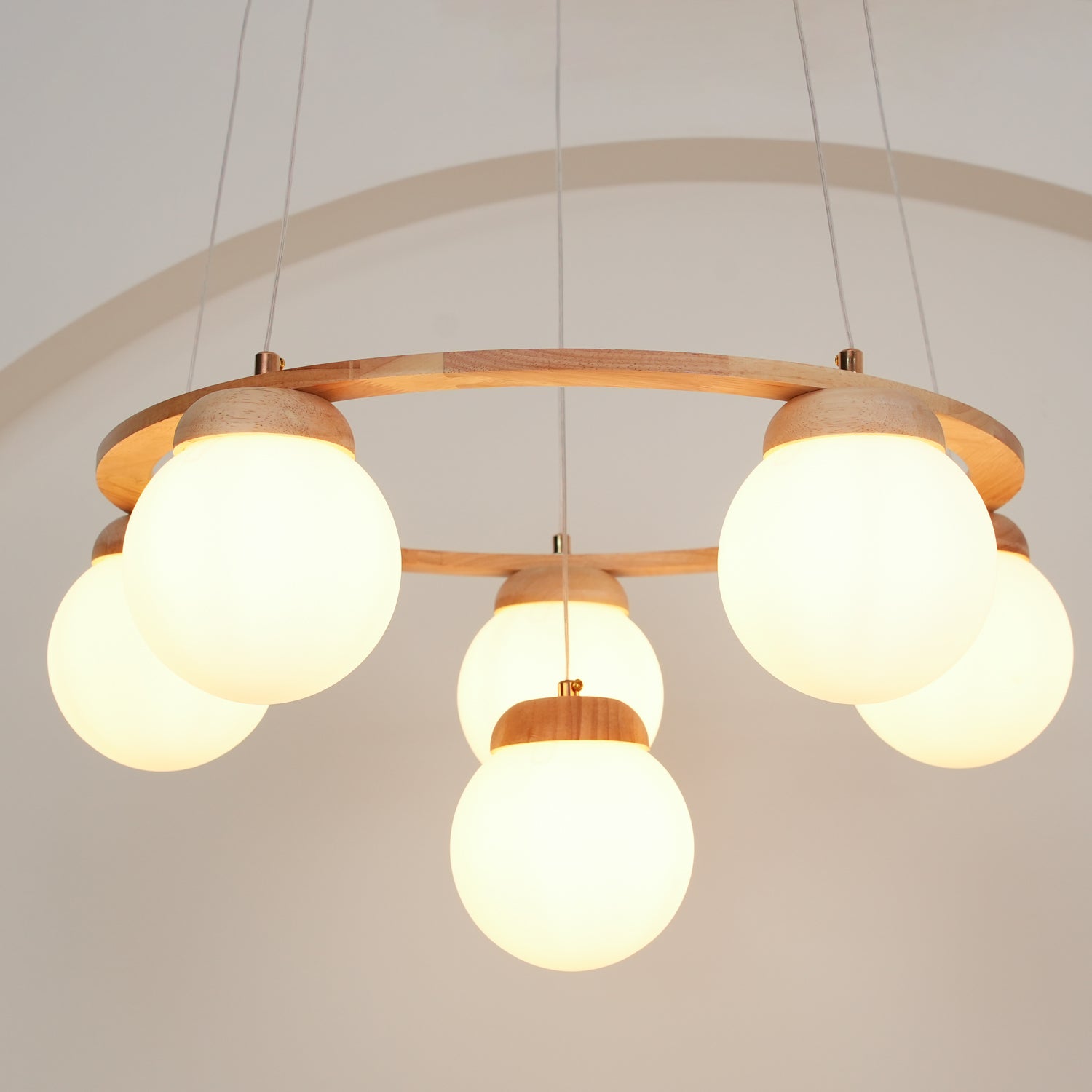 Aelion Chandelier Wood Ring Opal Glass Globes