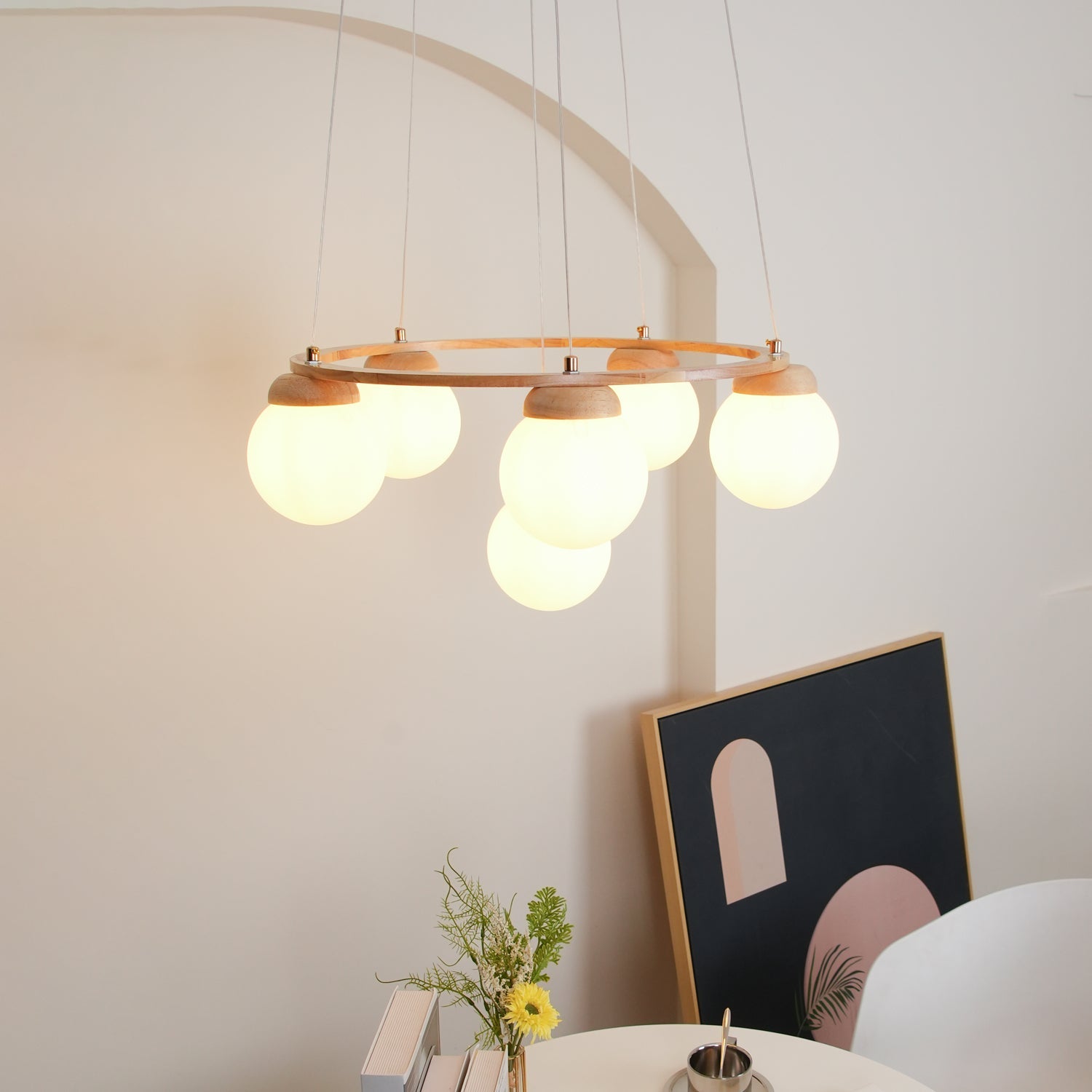 Aelion Chandelier Wood Ring Opal Glass Globes