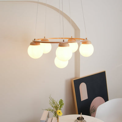 Aelion Chandelier Wood Ring Opal Glass Globes