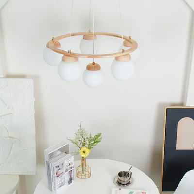 Aelion Chandelier Wood Ring Opal Glass Globes