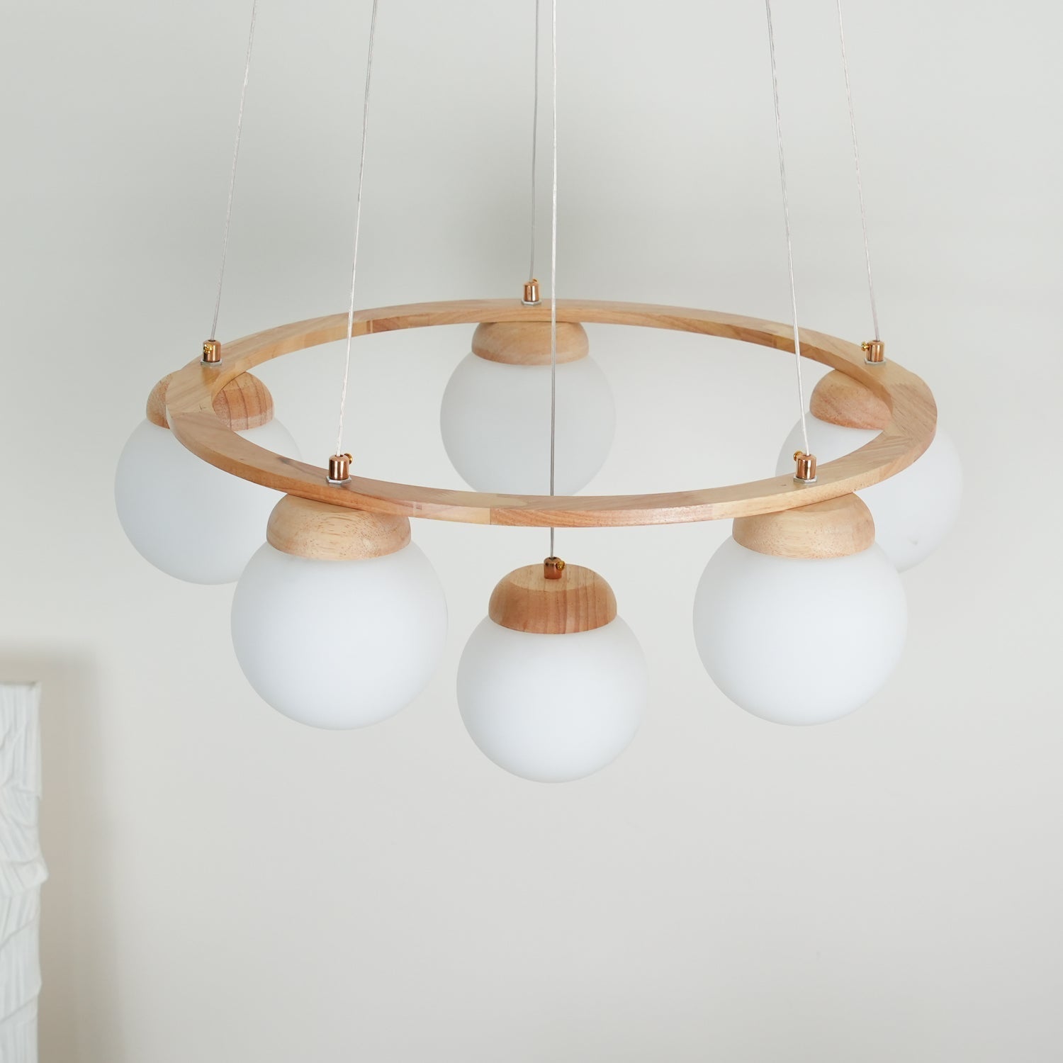 Aelion Chandelier Wood Ring Opal Glass Globes