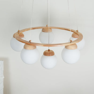 Aelion Chandelier Wood Ring Opal Glass Globes