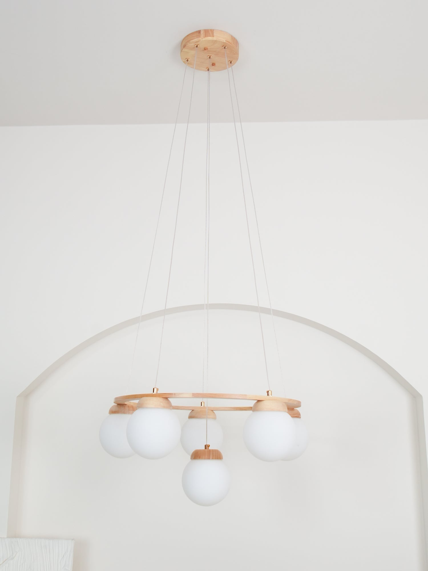 Aelion Chandelier Wood Ring Opal Glass Globes