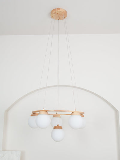 Aelion Chandelier Wood Ring Opal Glass Globes