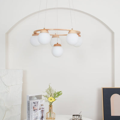 Aelion Chandelier Wood Ring Opal Glass Globes