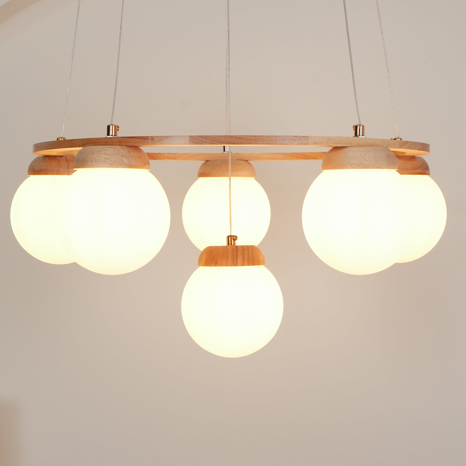 Aelion Chandelier Wood Ring Opal Glass Globes