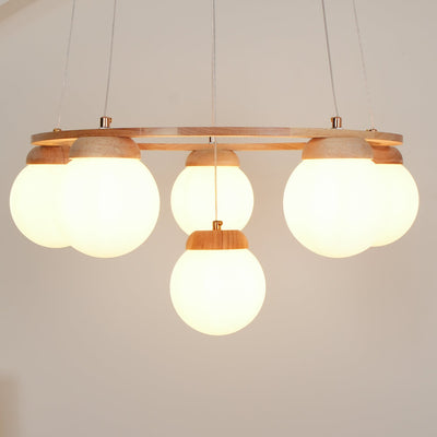 Aelion Chandelier Wood Ring Opal Glass Globes