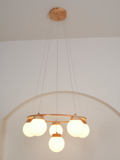 Aelion Chandelier Wood Ring Opal Glass Globes