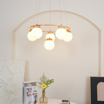 Aelion Chandelier Wood Ring Opal Glass Globes