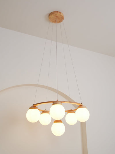 Aelion Chandelier Wood Ring Opal Glass Globes