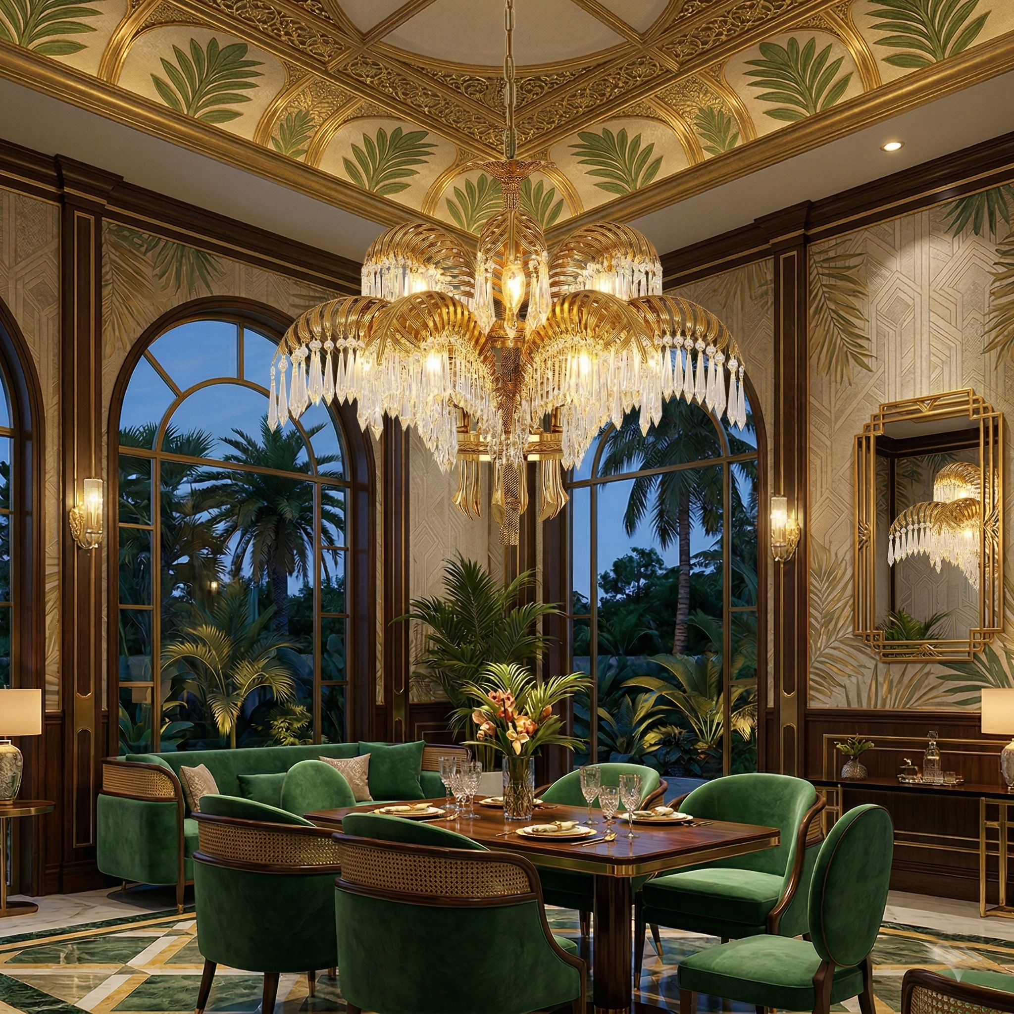 Orlafield Brass Palm Leaf Crystal Chandelier