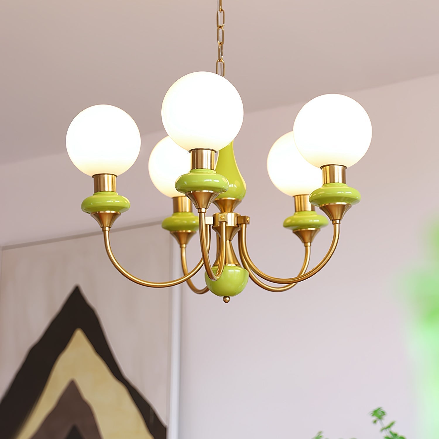 Aurorian Chandelier Green Shades Gold Curved Arms
