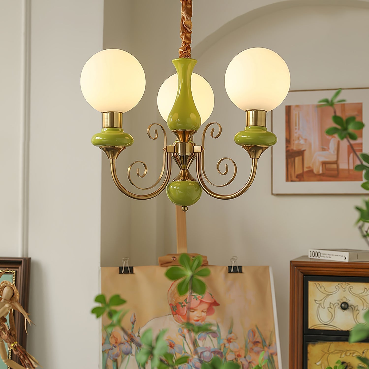 Aurorian Chandelier Green Shades Gold Curved Arms
