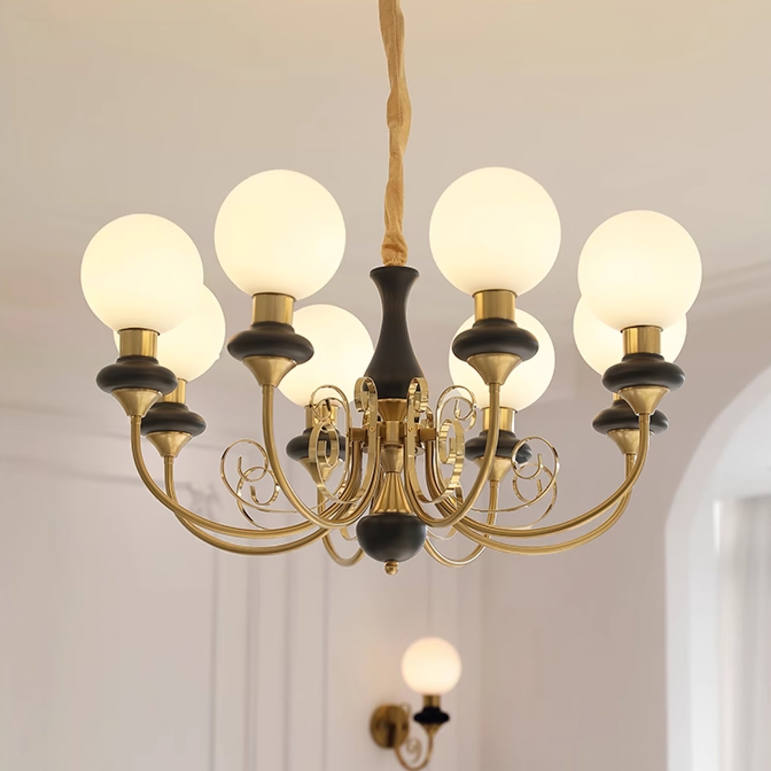 Aurorian Chandelier Green Shades Gold Curved Arms