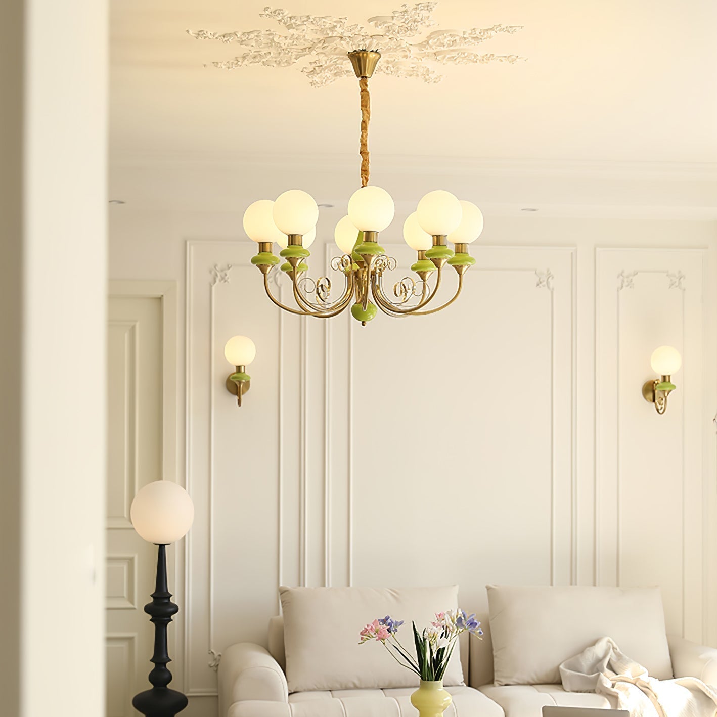 Aurorian Chandelier Green Shades Gold Curved Arms