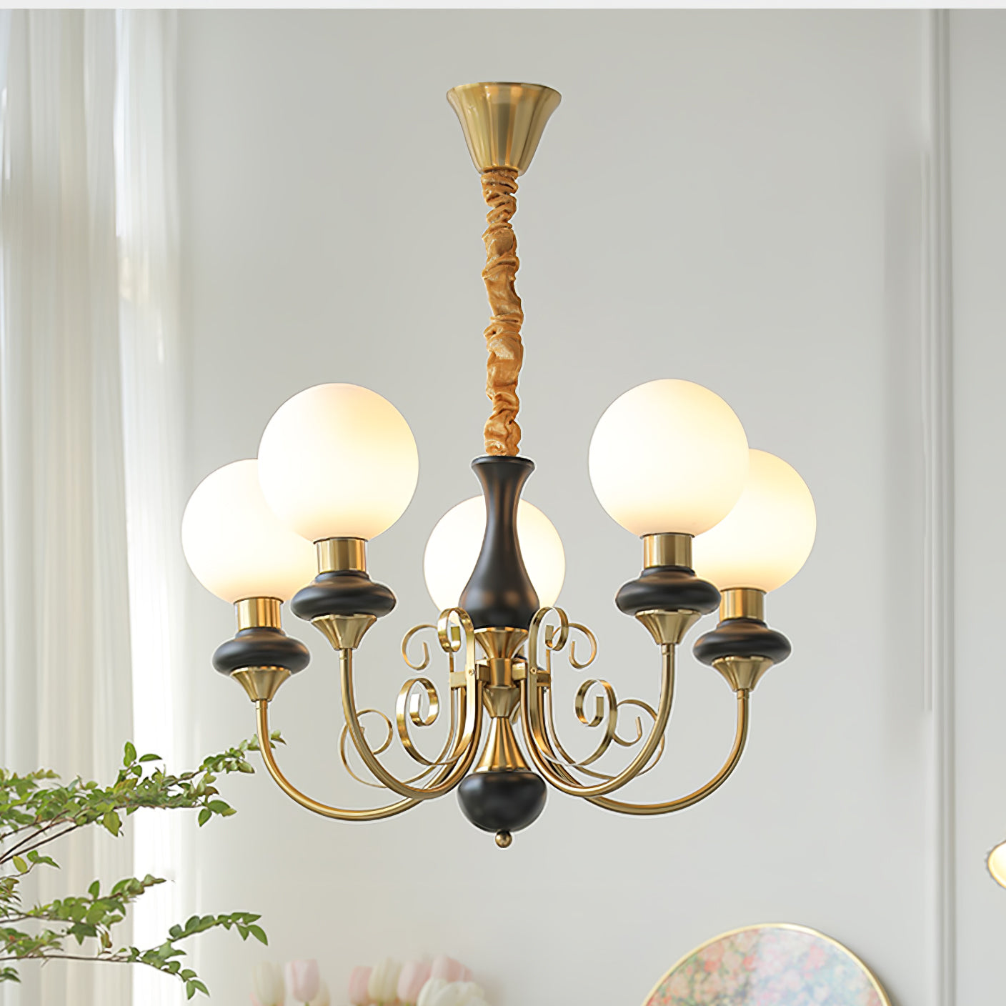 Aurorian Chandelier Green Shades Gold Curved Arms