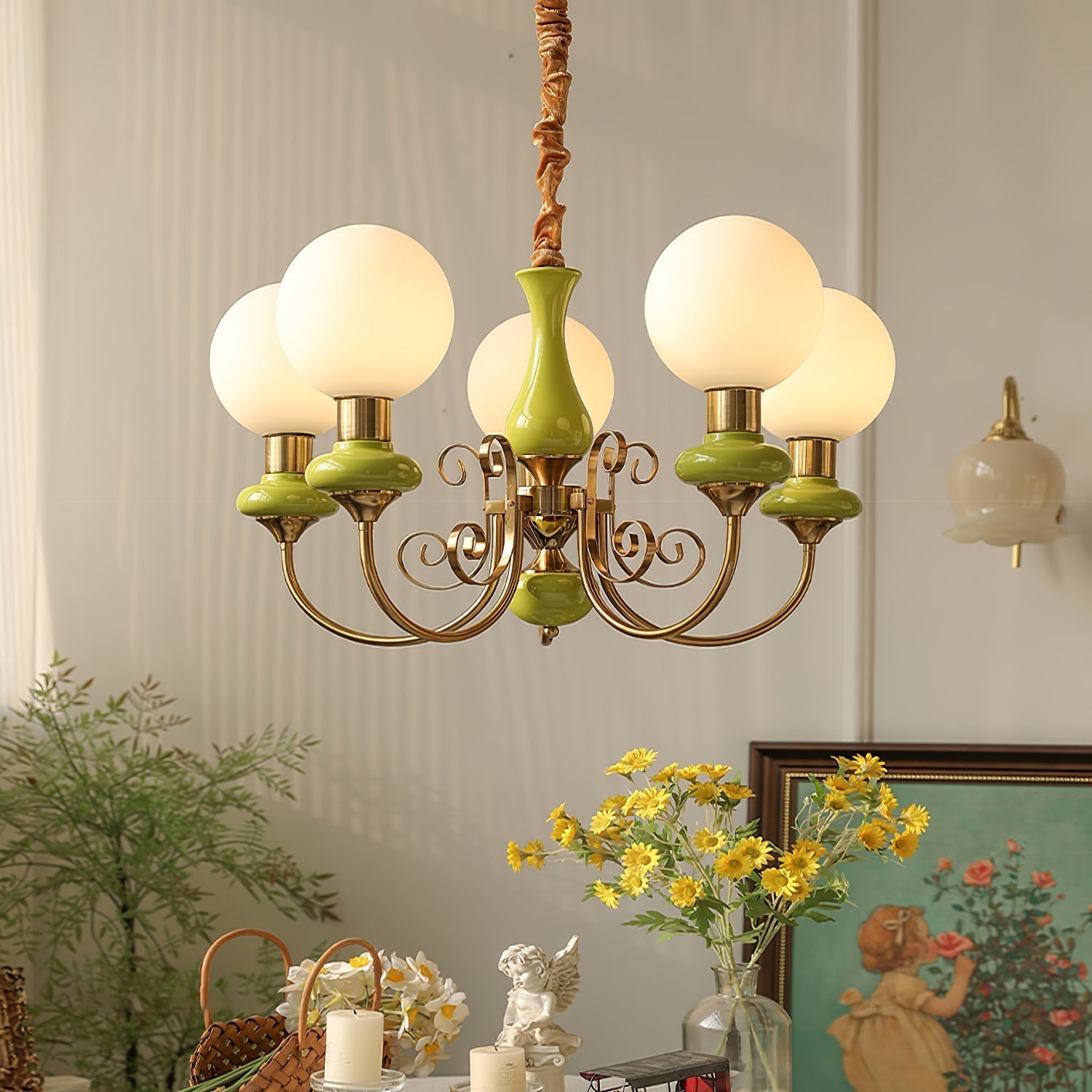 Aurorian Chandelier Green Shades Gold Curved Arms
