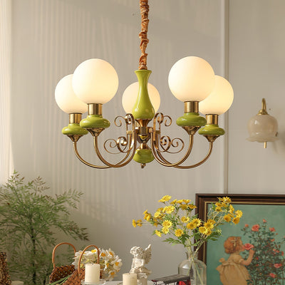 Aurorian Chandelier Green Shades Gold Curved Arms