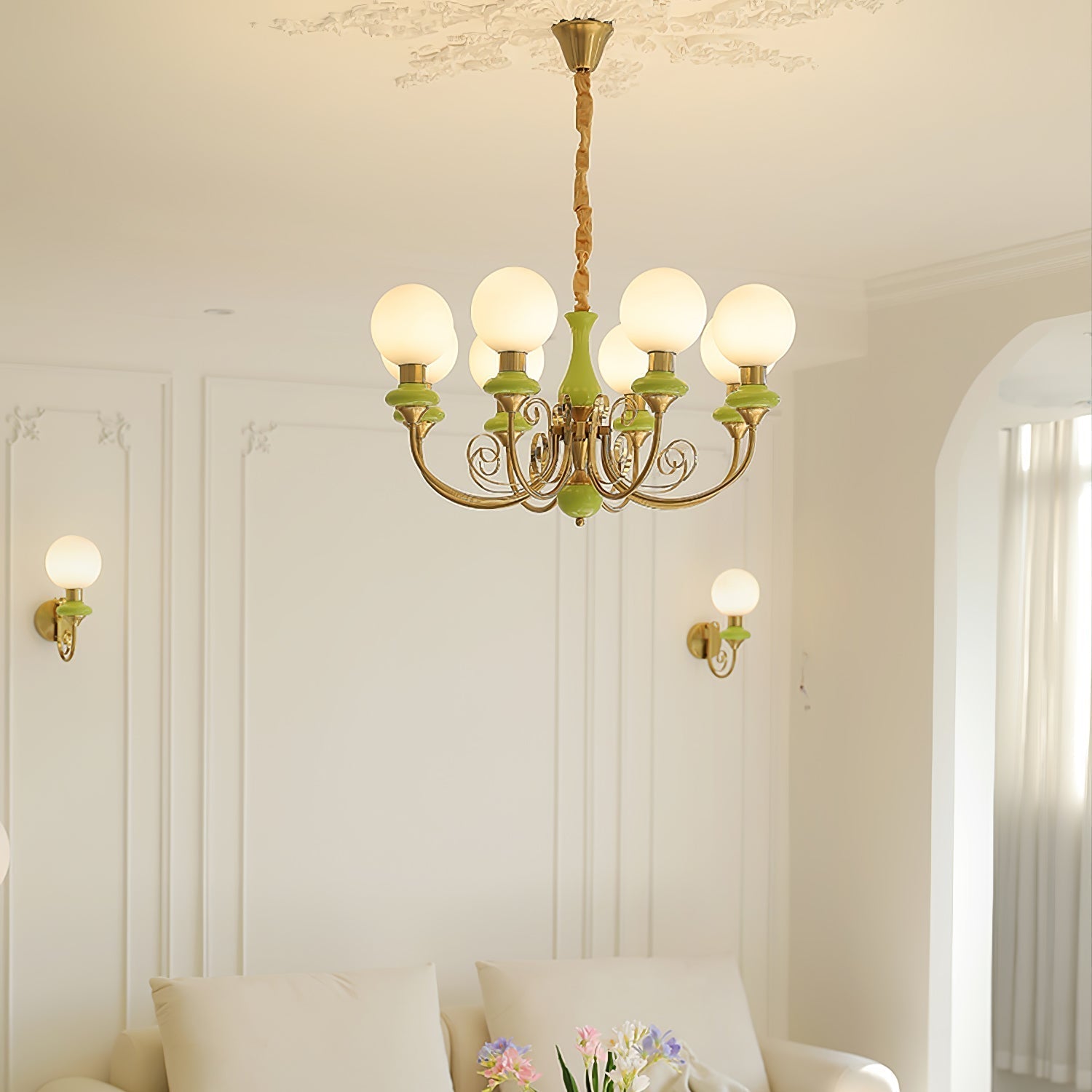 Aurorian Chandelier Green Shades Gold Curved Arms