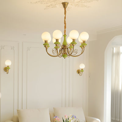 Aurorian Chandelier Green Shades Gold Curved Arms
