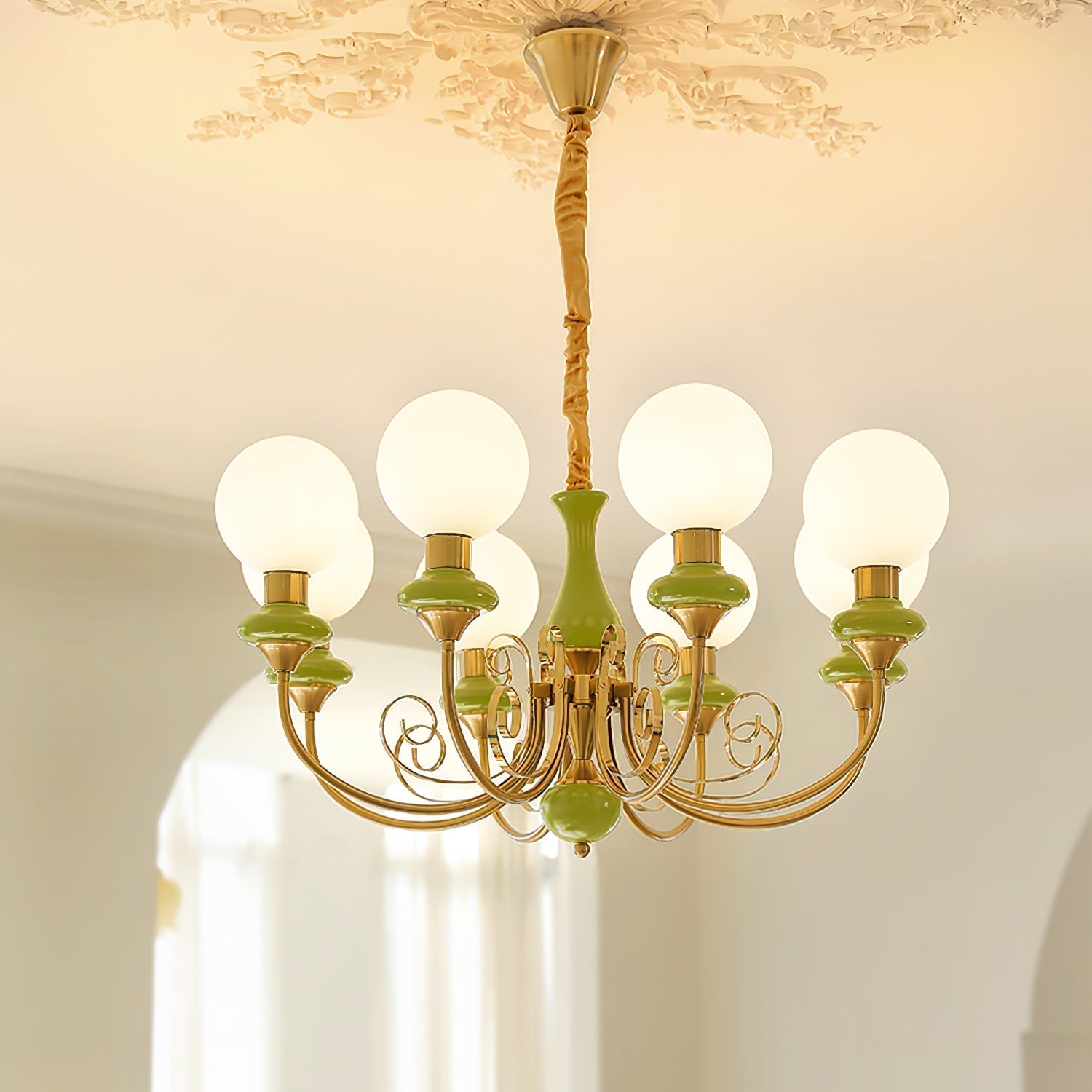 Aurorian Chandelier Green Shades Gold Curved Arms