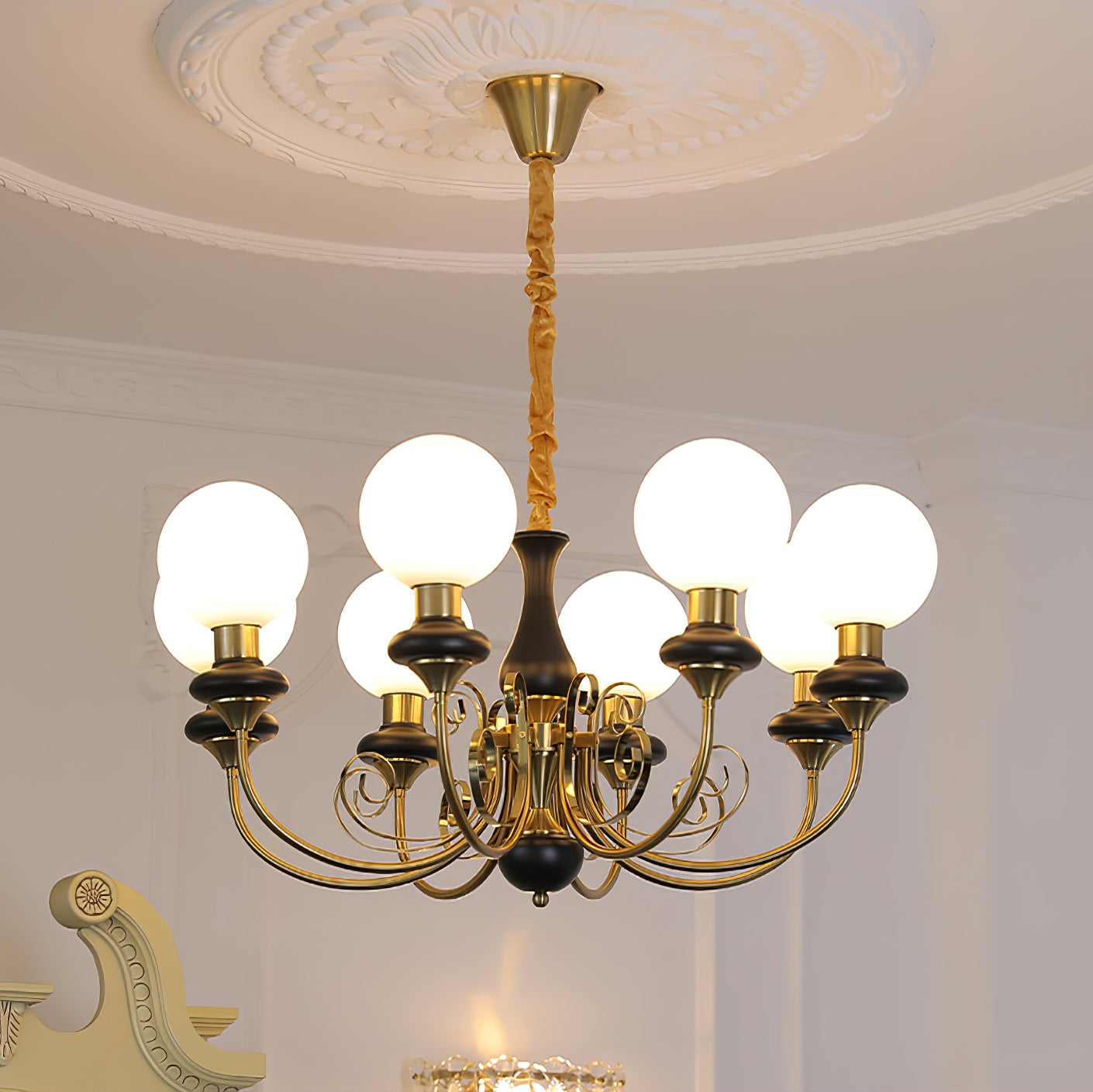 Aurorian Chandelier Green Shades Gold Curved Arms