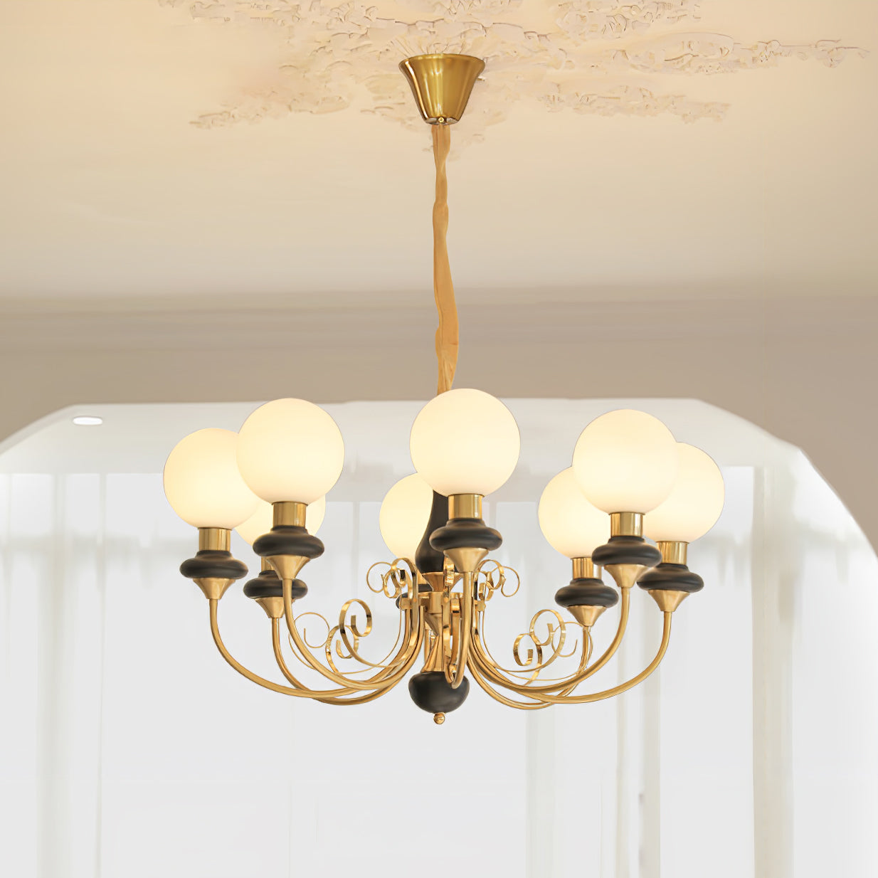 Aurorian Chandelier Green Shades Gold Curved Arms