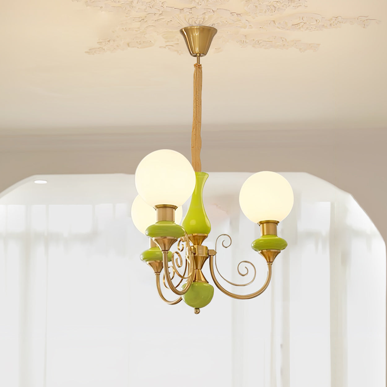Aurorian Chandelier Green Shades Gold Curved Arms