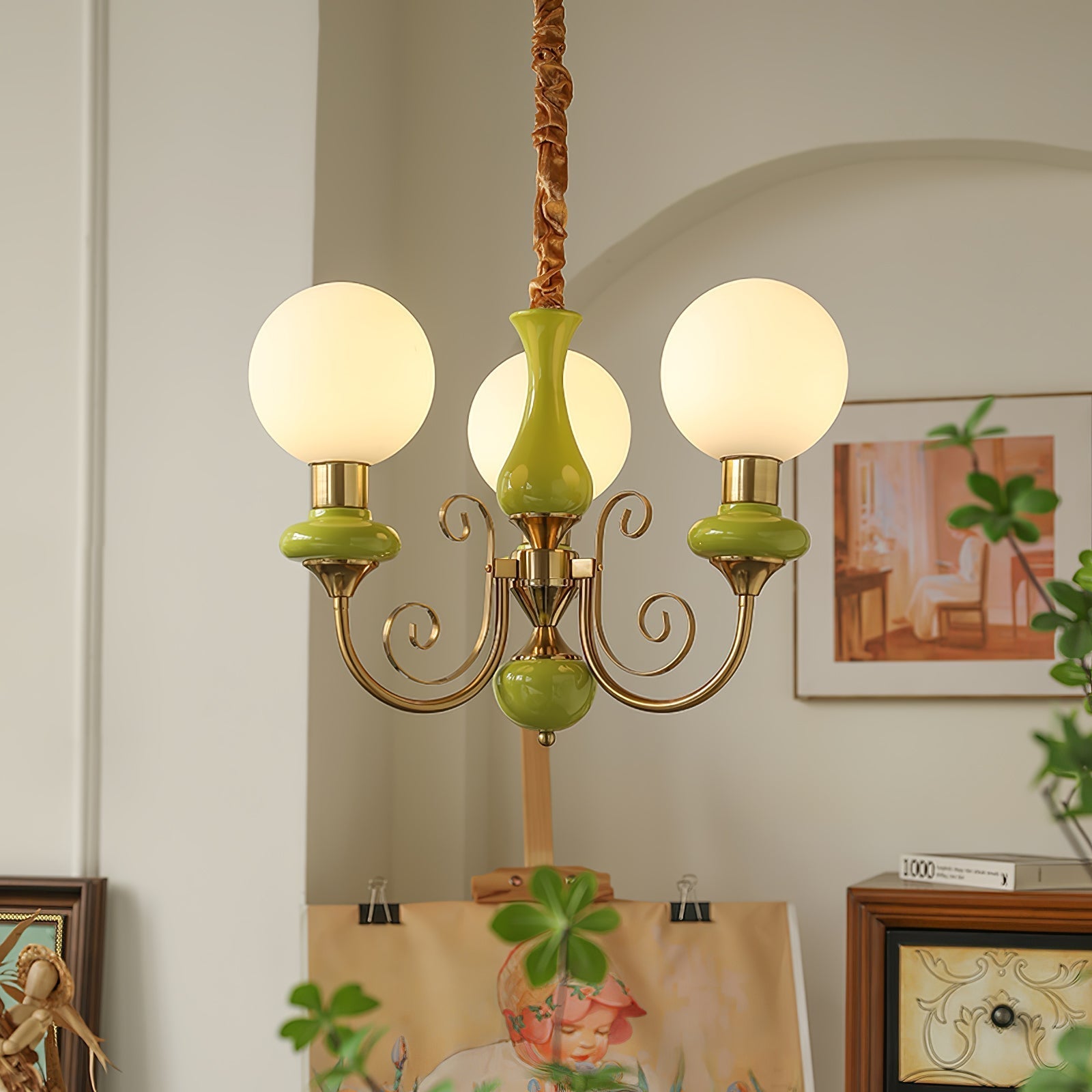 Aurorian Chandelier Green Shades Gold Curved Arms