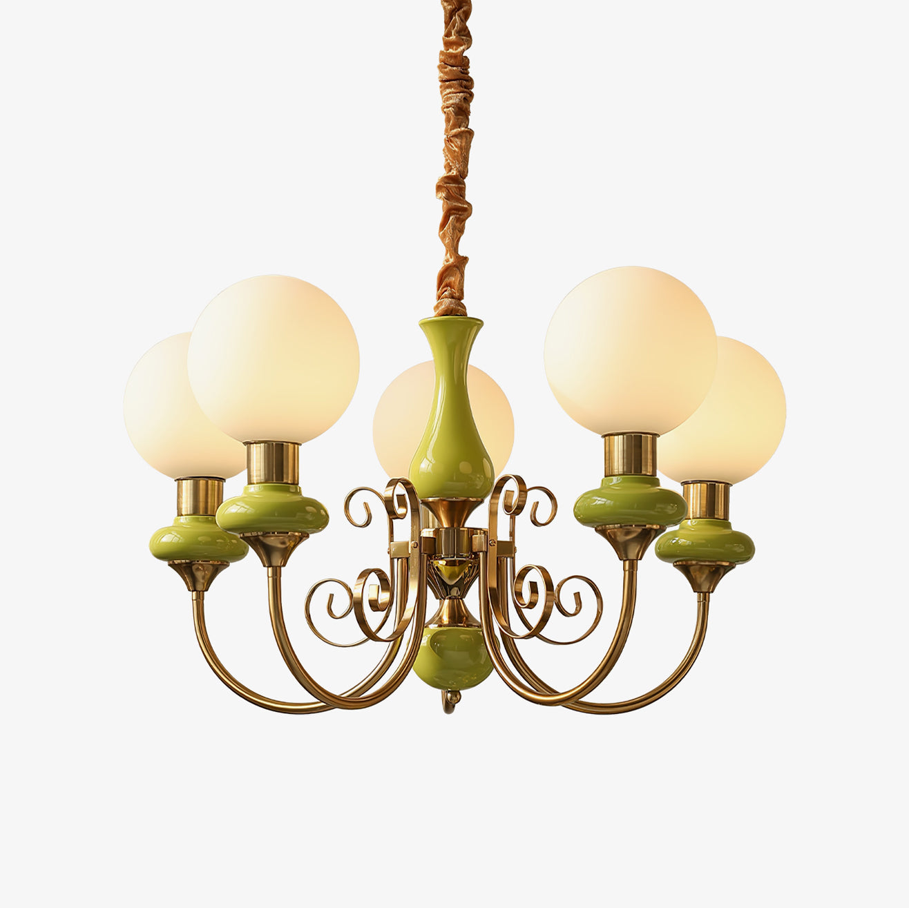 Aurorian Chandelier Green Shades Gold Curved Arms