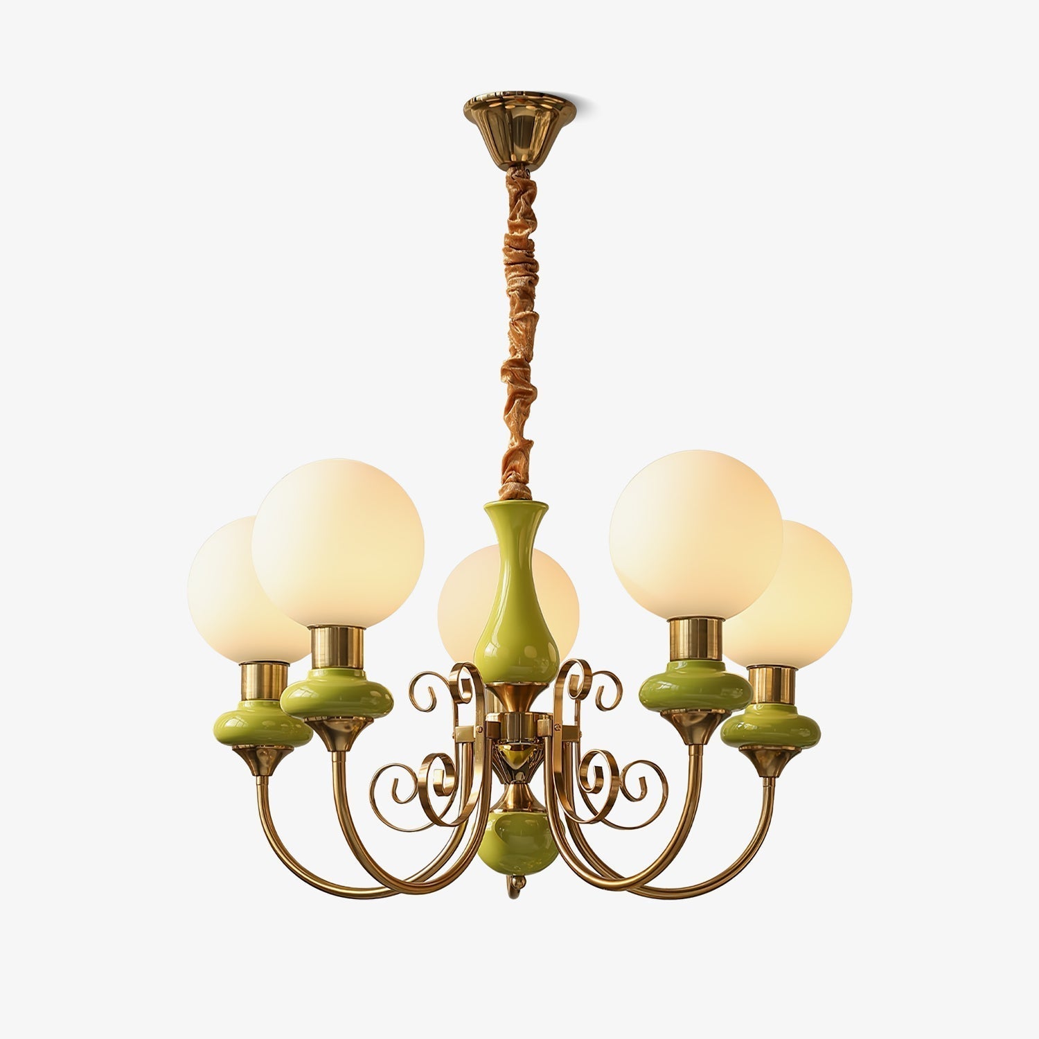 Aurorian Chandelier Green Shades Gold Curved Arms