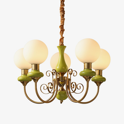Aurorian Chandelier Green Shades Gold Curved Arms