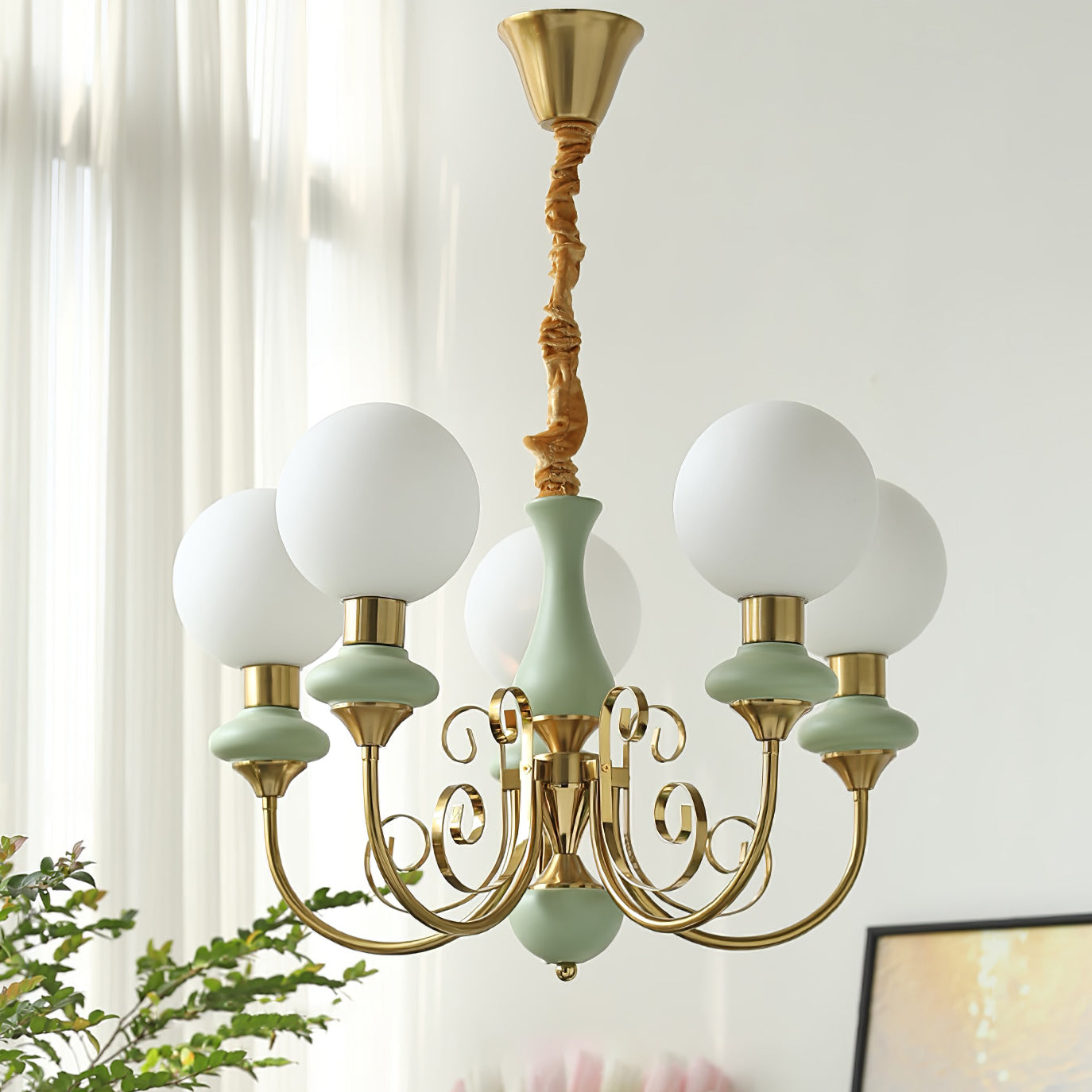 Aurorian Chandelier Green Shades Gold Curved Arms
