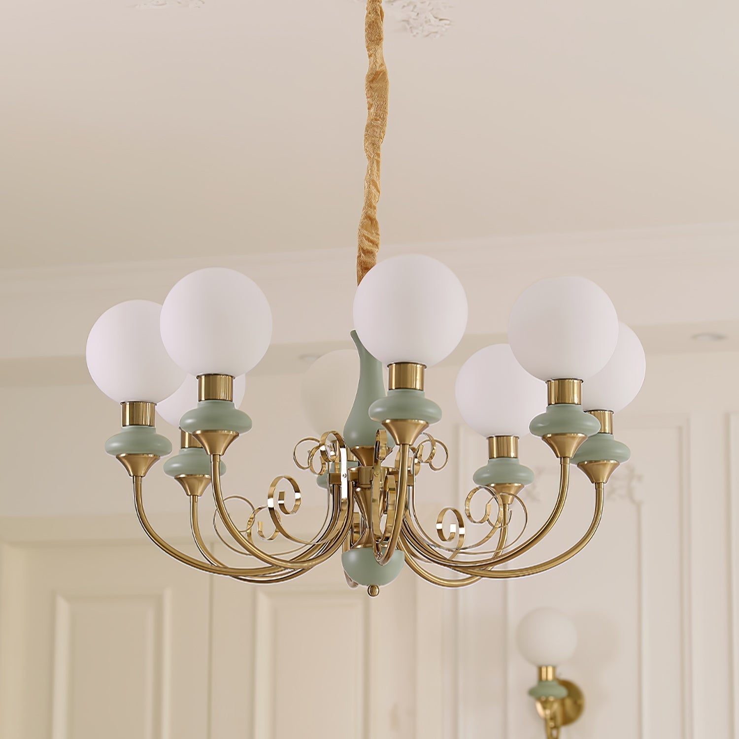 Aurorian Chandelier Green Shades Gold Curved Arms