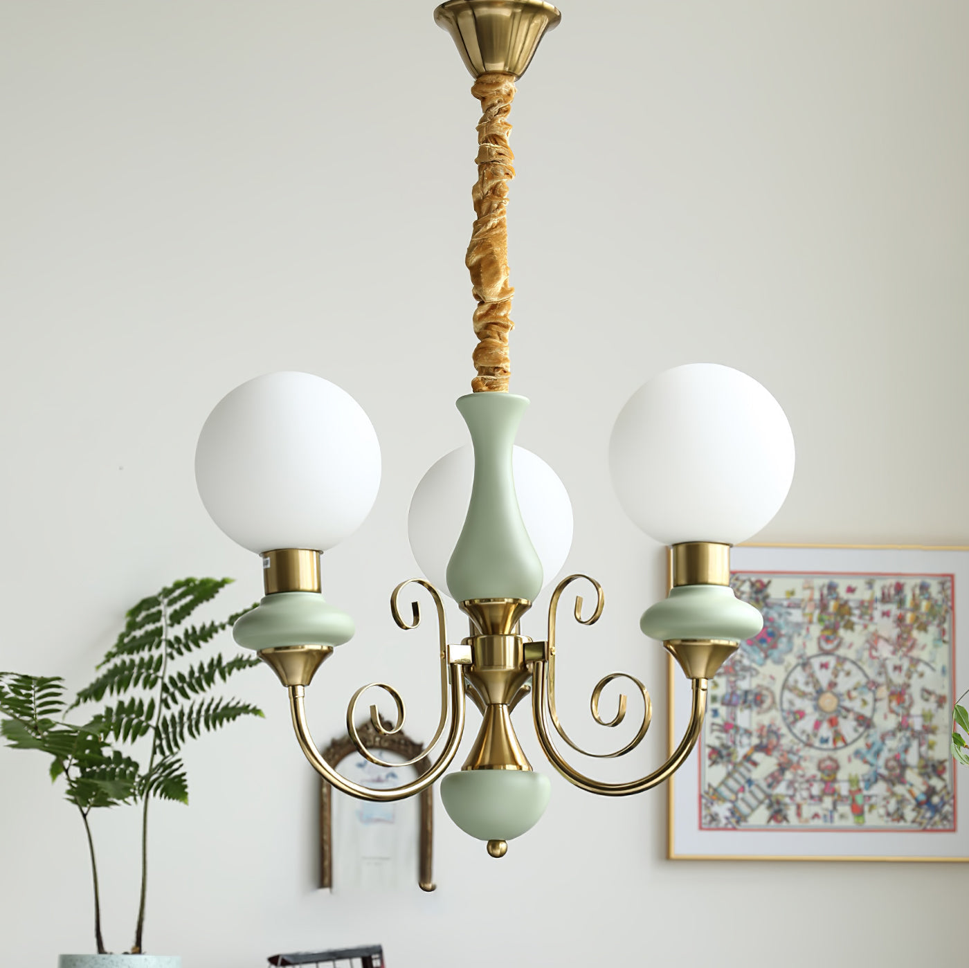 Aurorian Chandelier Green Shades Gold Curved Arms