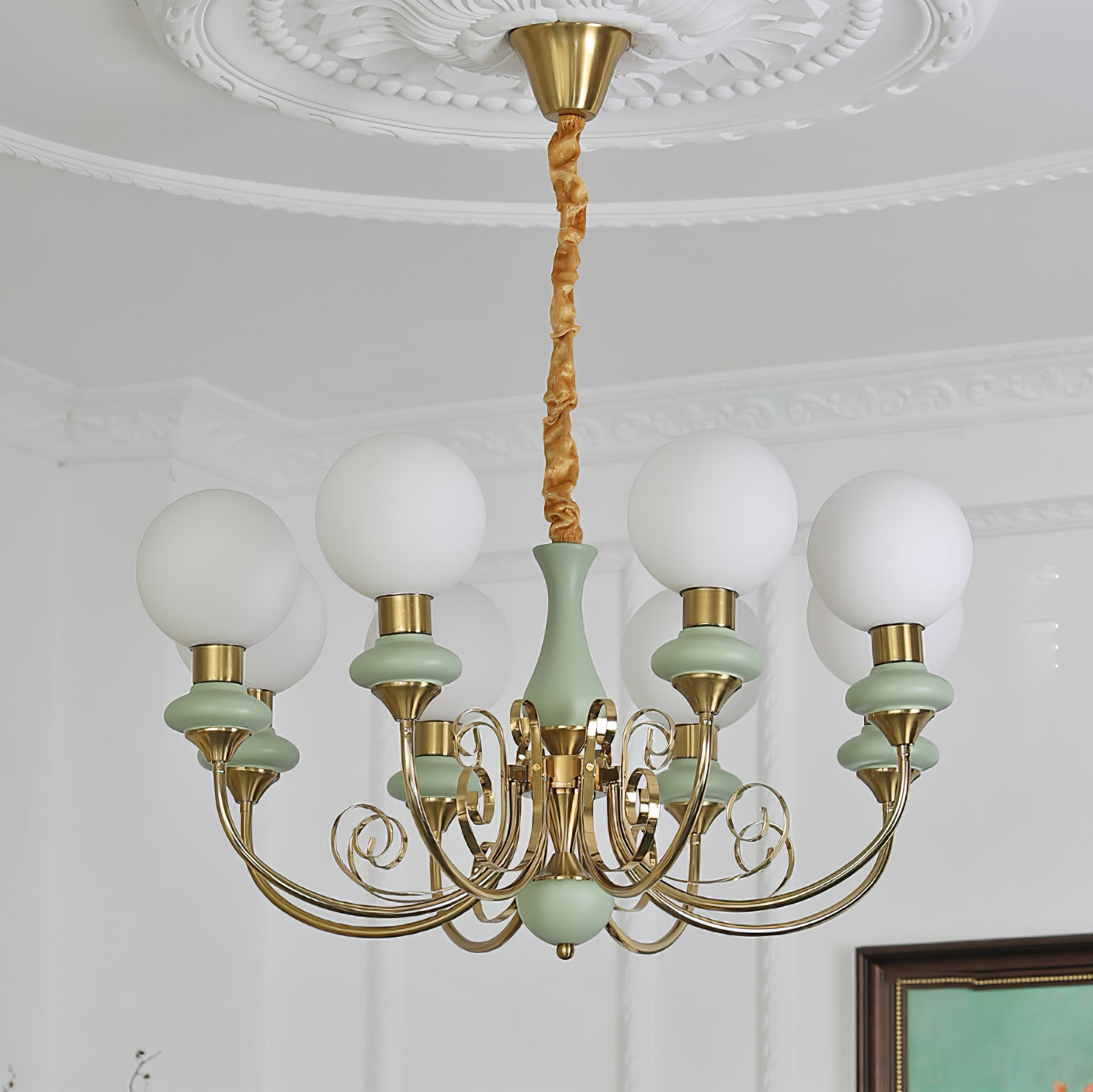 Aurorian Chandelier Green Shades Gold Curved Arms