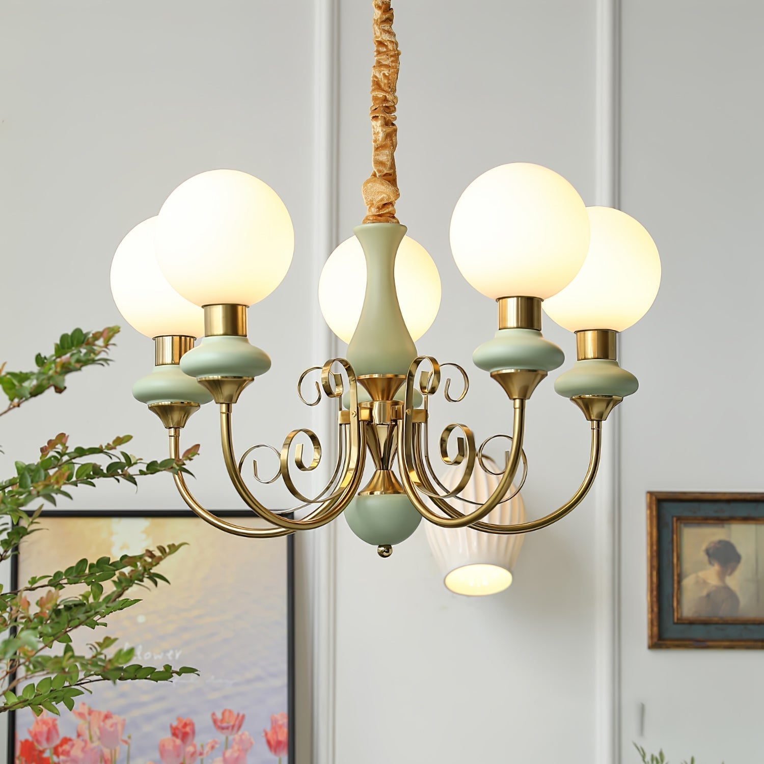 Aurorian Chandelier Green Shades Gold Curved Arms
